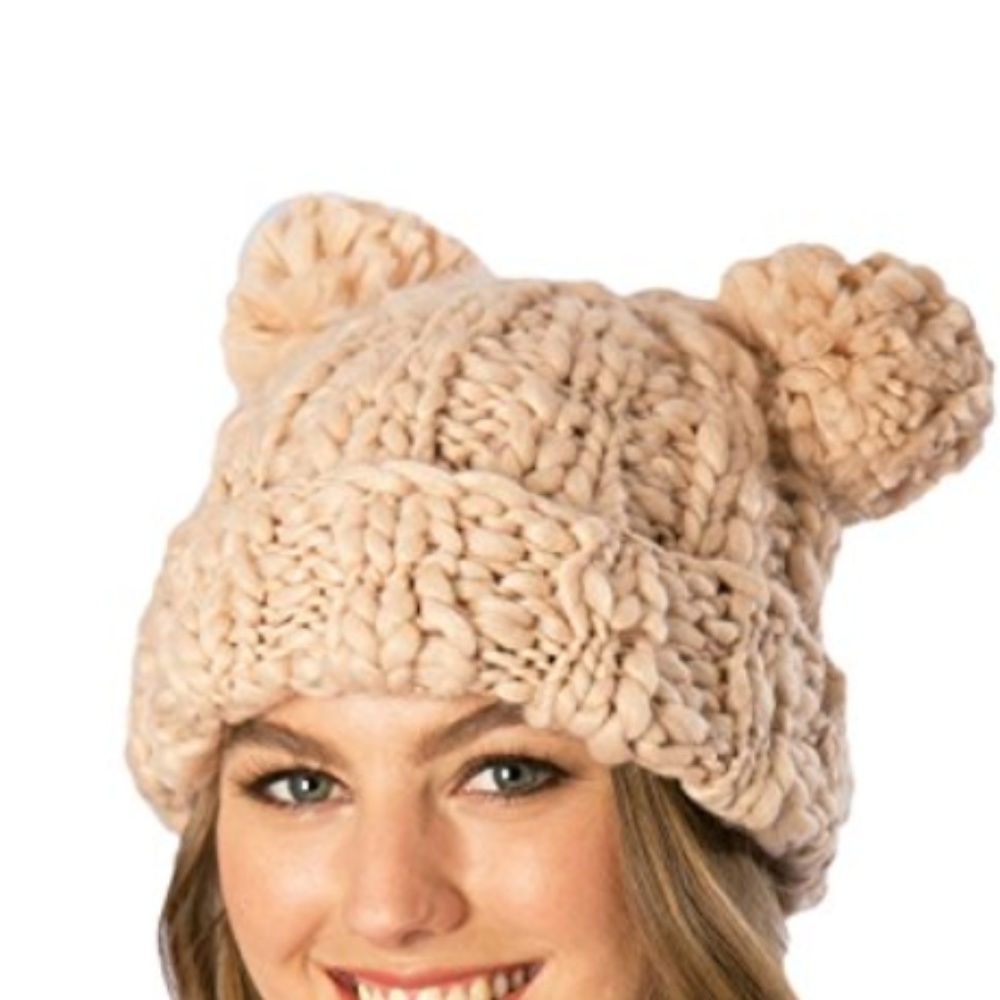Simonetta White Double Pom Pom Cat Ears Beanie
